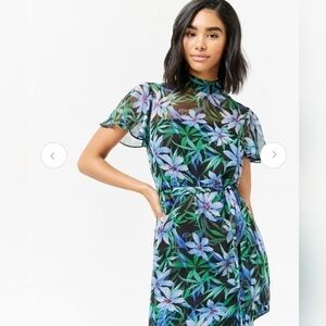 2/$20 Forever 21 Blue Green Floral Print Semi Sheer A Line Dress Size